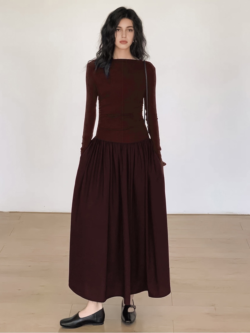 Commense Pleated Patchwork Knit Long Sleeve Maxi Dress